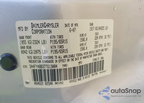 2007 Chrysler Pt Cruiser z USA, uszkodzony, nr VIN 3A4FY48B37T619084